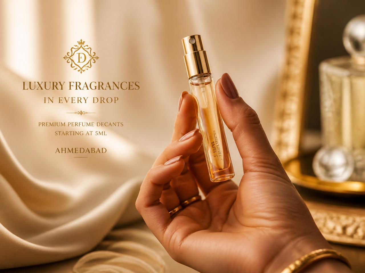 Hand holding a perfume decant spray bottle — Maruti Perfume Decants, Ahmedabad